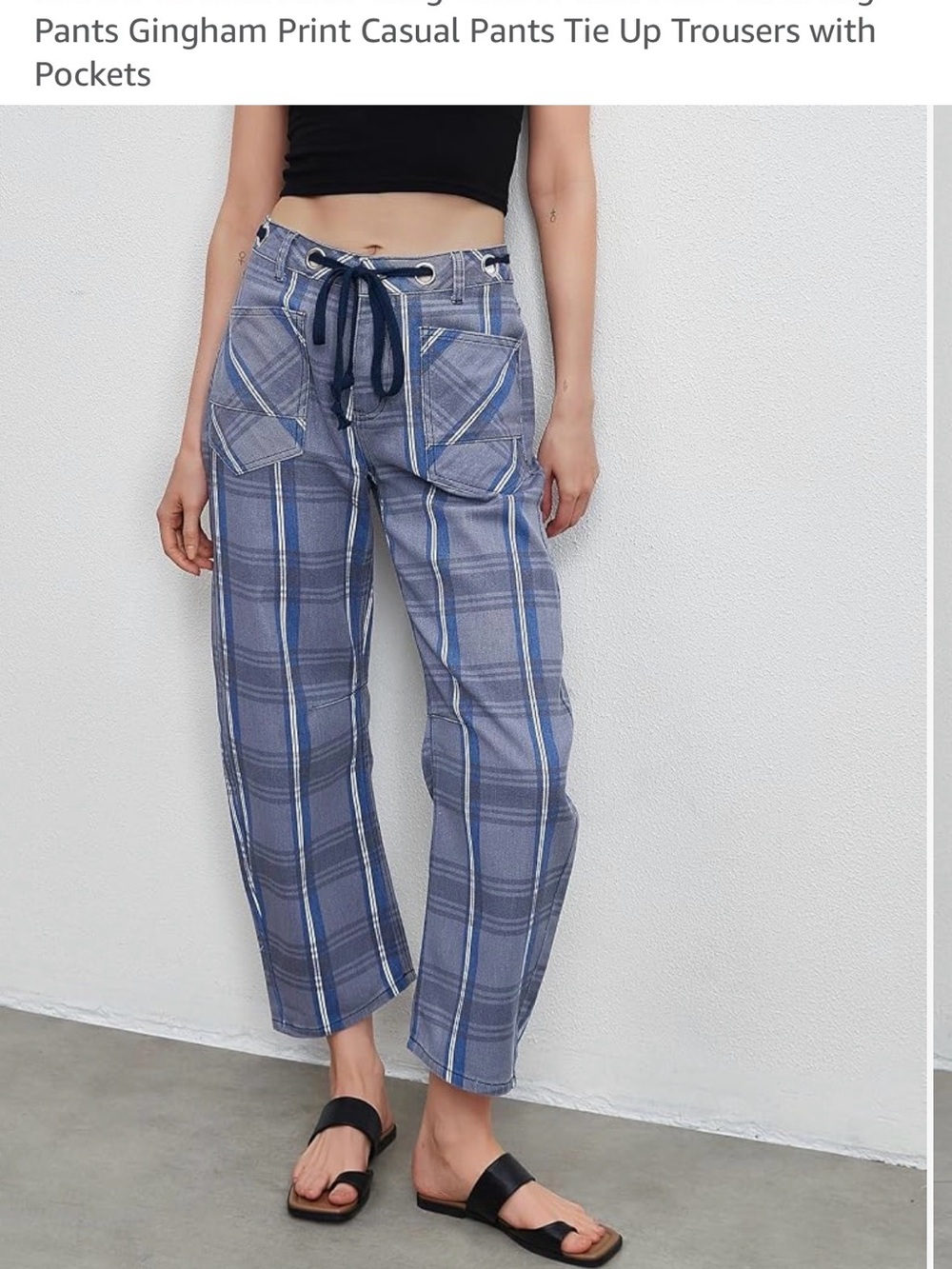 Gingham Tie-Waist Cropped Pants in Blue